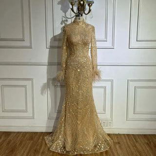 2024 Muslim Women Wedding Party Dubai Gowns Gold Luxury Beaded Feathers Mermaid Long Evening Dresses