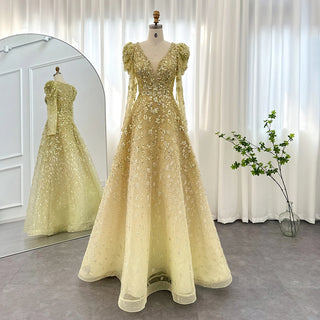 Luxurious Dubai-inspired Evening Dress: Elegant Long Sleeve Yellow and Blue Gown