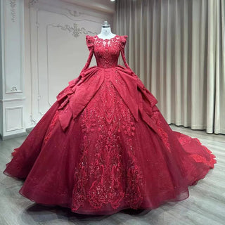 Traditional Red Empire Puffy Ball Gown for Evening Parties