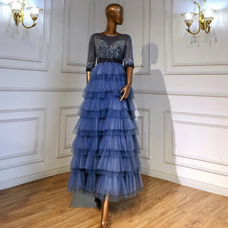 Blue Tiered Skirt Evening Dress with Beaded Half Sleeves - Women's Wedding Party Gown 2024