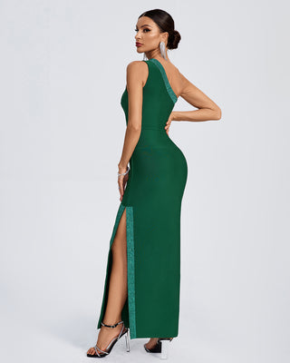 Ships in 1 to 3 Days -Elegant Emerald One-Shoulder Maxi Dress with Glitter Trim