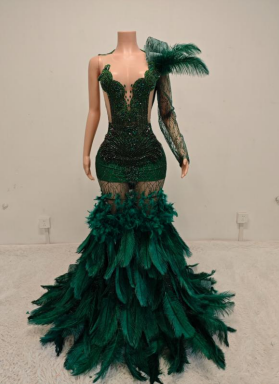 Exquisite One-Shoulder Feathered Gown with Beaded Bodice