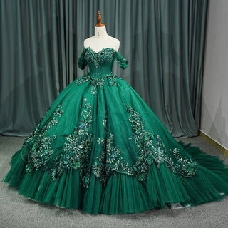 Luxury Dark Green Shiny Evening Formal Gowns Dresses With Long Tail