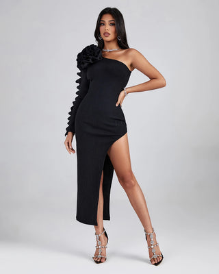 Elegant Ladies Black Bandage Party Dress - One Shoulder Ruffles Long Sleeve Sexy High Slit Knitted Prom Dress