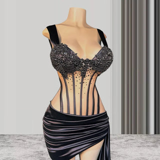 Ships in 2 to 5 Days - Sheer Corset-Style Embellished Mini Dress with Draped Side Train