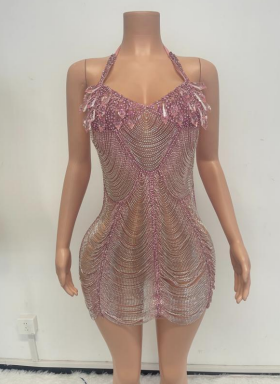 Ships in 2 to 5 Days -Dazzling Chainmail Mini Dress with Fringe Crystal Accents