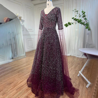 Arabic Purple A-Line Beaded Evening Dress with Cape Sleeves - Women's Wedding Party Gown 2024