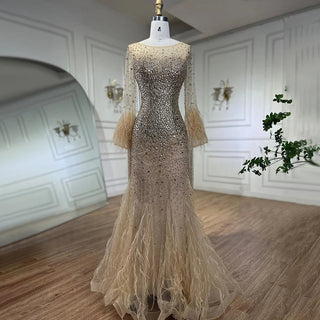 Muslim Gold Feathers Beaded Tassel Arabic Luxury Evening Gown 2024 - Perfect for Women's Wedding Parties