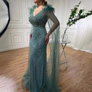 Arabic Blue Mermaid Elegant Cape Sleeves Feather Luxury Beaded Evening Dress - 2024 Collection