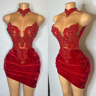 Extravagant Embellished Velvet Mini Dress with Sheer Bodice and High Neckline