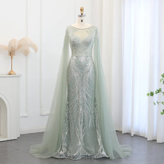 Luxury Dubai Mermaid Sage Green Evening Dress with Cape Sleeves: 2024 Blue Plus Size Women Wedding Party Gowns