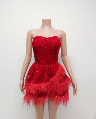 Strapless Sequin and Feather Embellished Mini Dress