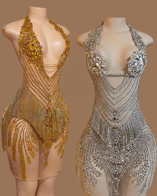 Luxurious Crystal and Bead Embellished Bodysuit Dress with Sheer Panels