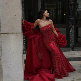 Ships in 1 to 3 Days - Red Long Cape Mermaid Evening Dress with Puff Sleeves, Beaded Overskirt, and Elegant Design for Women's Party