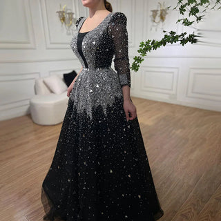 Ships in 1 to 3 Days - Muslim Black A-Line Evening Gown: Luxurious Sequined and Beaded Elegance for Women's Wedding Party 2024