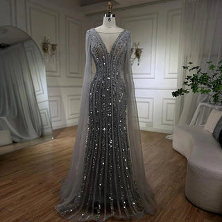 Arabic Charcoal: 2024 Gray Mermaid Evening Dress with Elegant Cape Sleeves - Luxury Beaded Gown for Women's Wedding Party