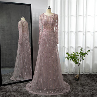 Ships in 1 to 3 Days - Pink Mermaid Elegant Evening Gown 2024: O-Neck, Long Sleeves, Luxury Beaded for Woman Party