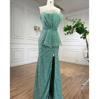 Turquoise Mermaid Evening Dress with High Split - Arabic Beaded Design for Women's Wedding Party