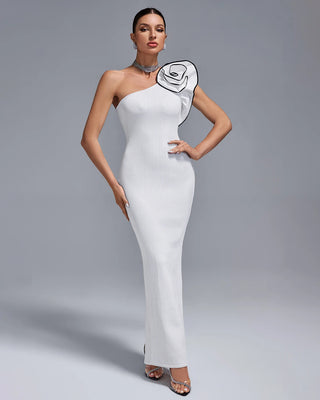 High-Quality One-Shoulder White Evening Dress with Flower Detail - Sleeveless Bodycon Bandage Dress for Ladies