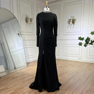 Ships in 1 to 3 Days - Dubai Black Satin Split Mermaid Evening Dress: 2024 Luxury Arabic Lace-up Gowns for Women's Wedding Party