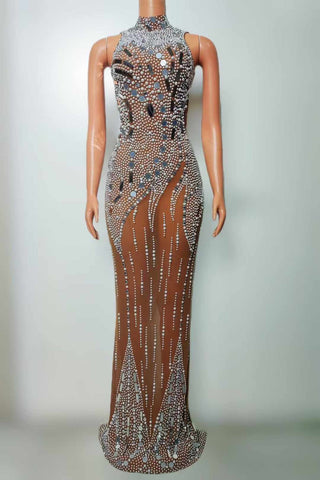 Sheer Crystal-Embellished Evening Gown