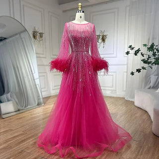 Ships in 1 to 3 Days - Modest Fuchsia A-Line Luxury Evening Dress with Feather Beading - Women's Wedding Party Gown 2024