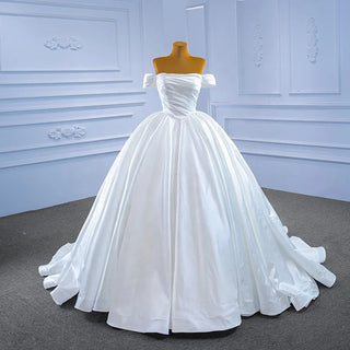 Simple Off-Shoulder Ruffle Empire Ball Gown Satin Wedding Dress