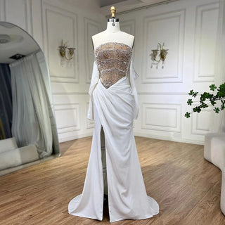 2024 Sexy Scalloped White Mermaid Evening Dress in Dubai: Luxury High-Slit Prom Gown for Women's Wedding Party