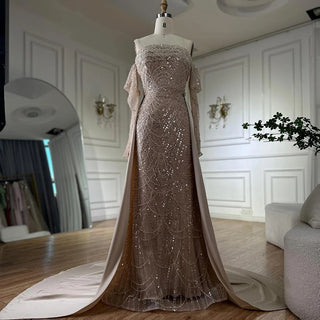 Nude Pearls Beaded Mermaid Gown with Overskirt – 2025 Custom Arabic Luxury Design