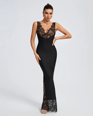 Sexy Long Lace Evening Dress with Transparent Lace Patchwork - Slim Fit Elegant Black Bandage Dress