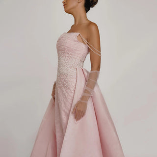 Luxury Dubai Beaded Pink Evening Dress with Overskirt Gloves Elegant Women Arabic Wedding Formal Party Gown