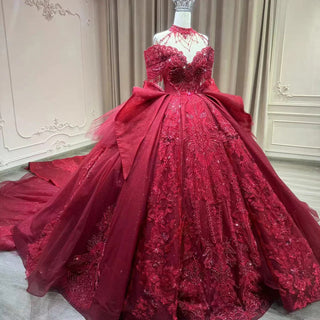 Luxury Halter Off-Shoulder Red Evening Gown with Long Tail