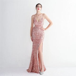 Stunning V-Neck Sequin Prom Dress with Floor-Length Mermaid Skirt