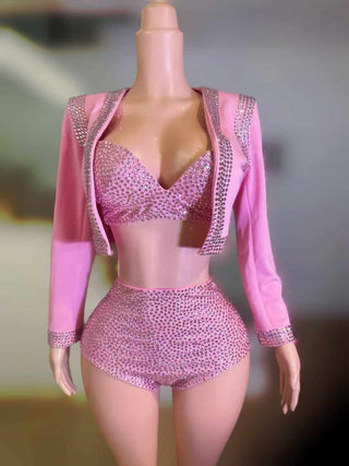 Sparkling Rhinestone Crop Jacket and Shorts Set