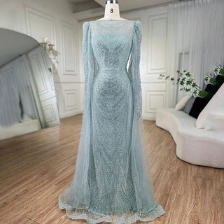 Ships in 1 to 3 Days - Turquoise Cape Sleeves Luxury Beaded Mermaid Arabic Evening Dress Gown for Women Wedding Party 2024