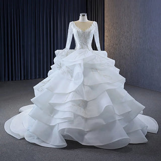 Luxury Long Sleeve Ruched Empire Bridal Wedding Ball Gown Dress