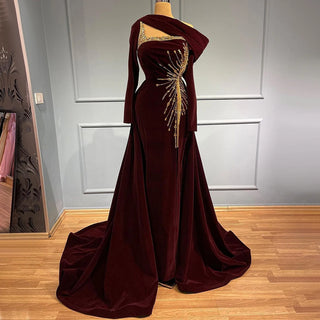 Wine Red Velour Overskirt Evening Dress - Women's Party Gown 2024