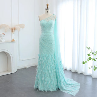 Luxury Feather Turquoise Aqua One Shoulder Mermaid Evening Dress with Cape Train Long Prom Wedding Party Gowns