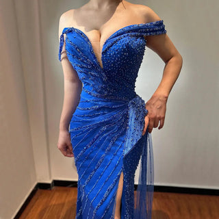 Blue Mermaid Split Evening Gown 2024 - Elegant Luxury Beaded Dress for Women's Party