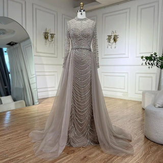 Ships in 1 to 3 Days - Luxurious Caramel Arabic Beaded Overskirt Mermaid Evening Gown for Woman's Wedding Party