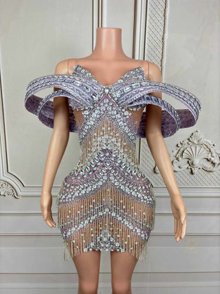 Extravagant Rhinestone-Embellished Mini Dress with Sculptural Shoulder Detail