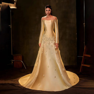 Yellow Strapless Satin A-Line Evening Gown with Appliqué Detailing – 2025 Custom Arabian Design