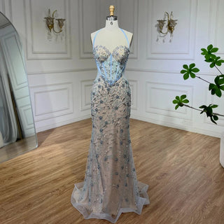 Ships in 1 to 3 Days - Dubai Blue Mermaid Luxury Beaded Spaghetti Strap Arabic Evening Dress: Gowns for Women's Wedding Party