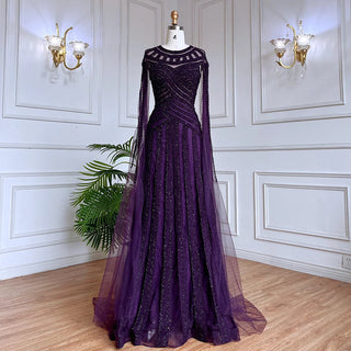 Arabic Purple Elegant Mermaid Cape Sleeves Lace Beaded Evening Dress - Women's Wedding Party Gown 2024