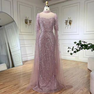 Dubai Pink Cape Sleeves Mermaid Beaded Luxury Long Arabic Evening Dress - Gown for Women's Wedding Party