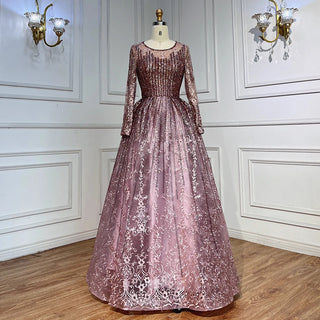 Ships in 1 to 3 Days - Pink Muslim A-Line Long Sleeves Evening Dress: Arabic Luxury Beaded Gowns 2024 for Women Wedding Party