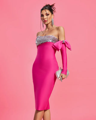 2024 Elegant Strapless Sequined Cocktail Dress - One Long Sleeve Slim Fit Bandage Dress with Bow