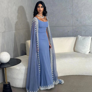 Luxury Crystal Blue Mermaid Dubai Evening Dresses with Cape Sleeves: Elegance for Arabic Women's Wedding Party Gowns