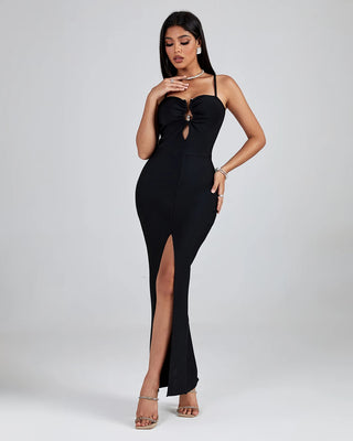 Ships in 1 to 3 Days - Elegant Ladies Black Bandage Dress - Sleeveless Spaghetti Strap Backless High Slit Bodycon Maxi Cocktail Dress