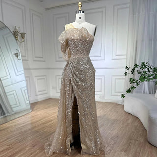 2024 Nude One-Shoulder Split Beaded Dubai Luxury Mermaid Evening Dress - Gown for Women's Wedding Party